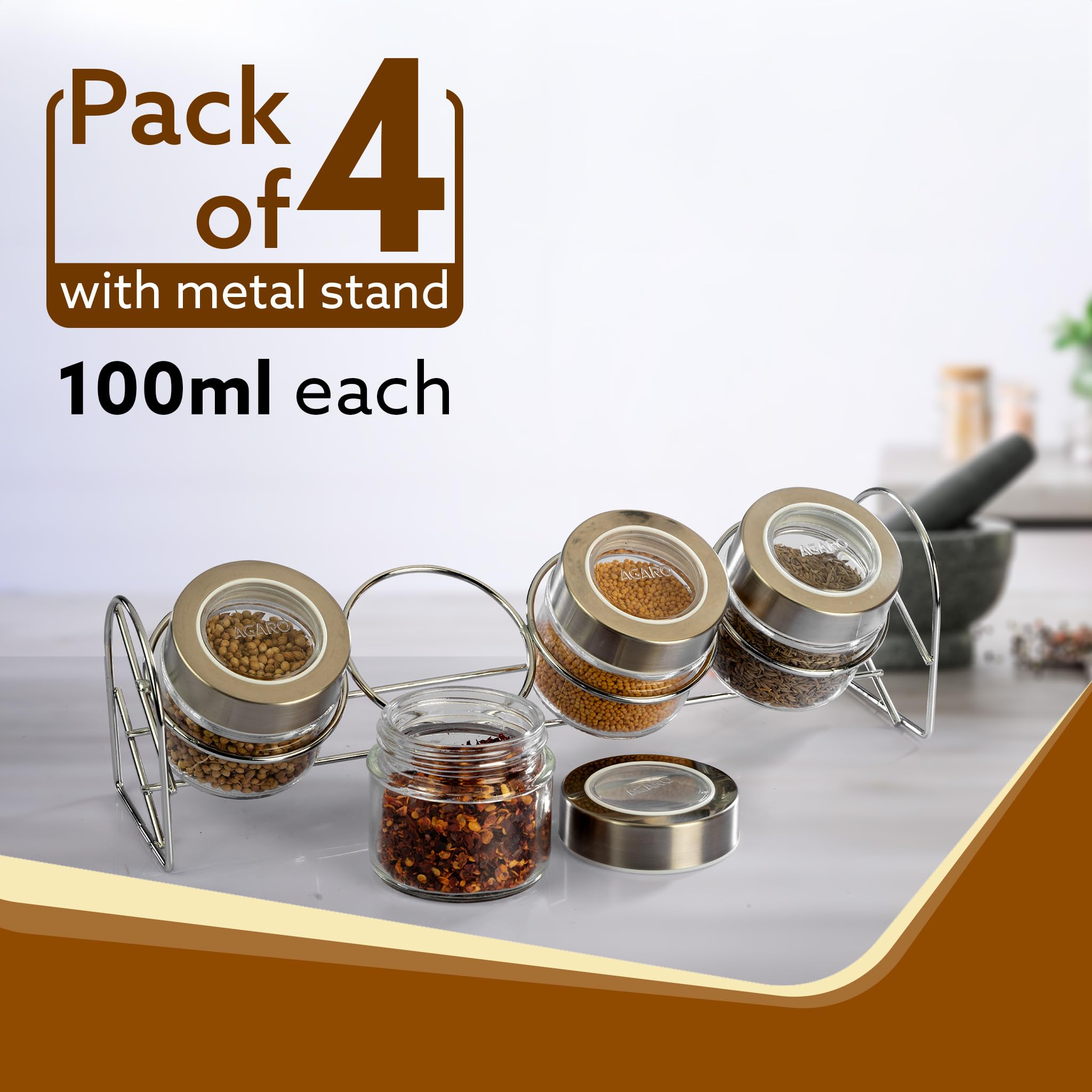 AGARO Elegant Glass Spice Jar with Metal Stand, Pack of 4, 100Ml Each, Spice storage box, kitchen organizer, spice containers, m